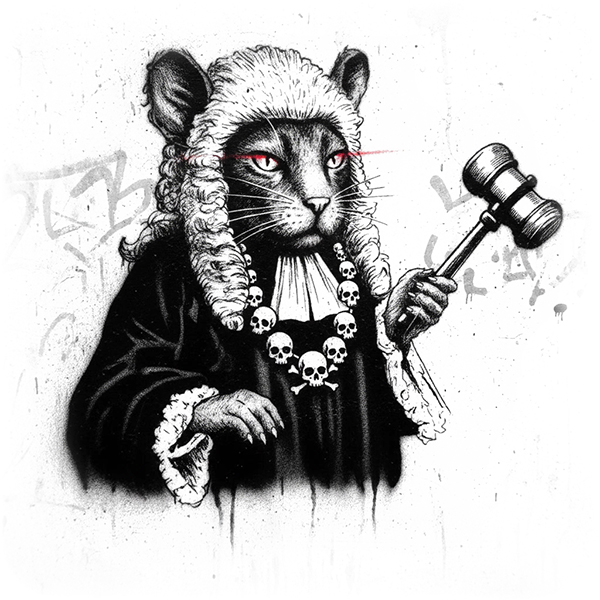 Engraving of a robed judge cat holding a gavel